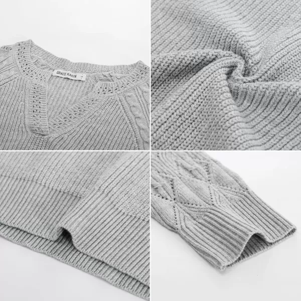 imageGRACE KARIN V Neck Sweater for Women Crochet Pullover Sweater Tops Cable Knit Sleeve Sweaters Fall Fashion 2024Heather Grey