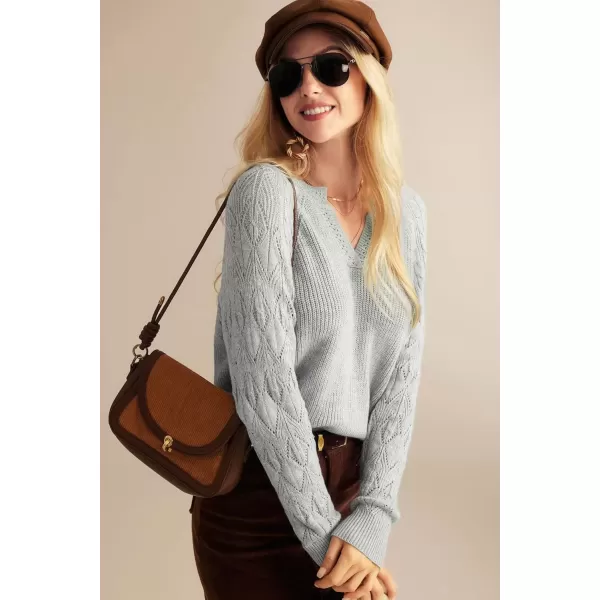 imageGRACE KARIN V Neck Sweater for Women Crochet Pullover Sweater Tops Cable Knit Sleeve Sweaters Fall Fashion 2024Heather Grey