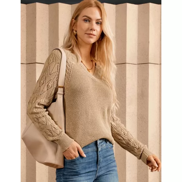 imageGRACE KARIN V Neck Sweater for Women Crochet Pullover Sweater Tops Cable Knit Sleeve Sweaters Fall Fashion 2024Khaki