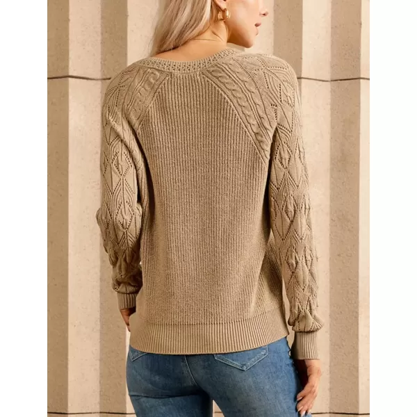 imageGRACE KARIN V Neck Sweater for Women Crochet Pullover Sweater Tops Cable Knit Sleeve Sweaters Fall Fashion 2024Khaki