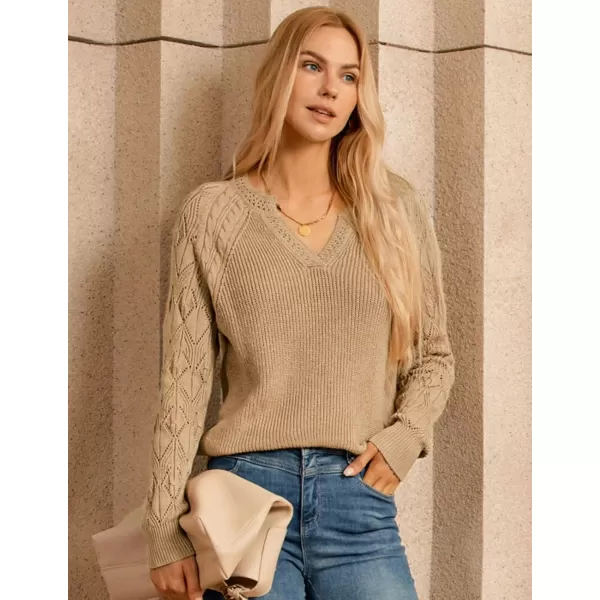 imageGRACE KARIN V Neck Sweater for Women Crochet Pullover Sweater Tops Cable Knit Sleeve Sweaters Fall Fashion 2024Khaki