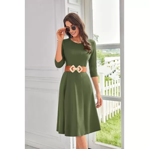 imageGRACE KARIN Womens 2024 Fall Trendy Crew Neck 34 Sleeve A Line Loose Casual Midi Dress with PocketsArmy Green