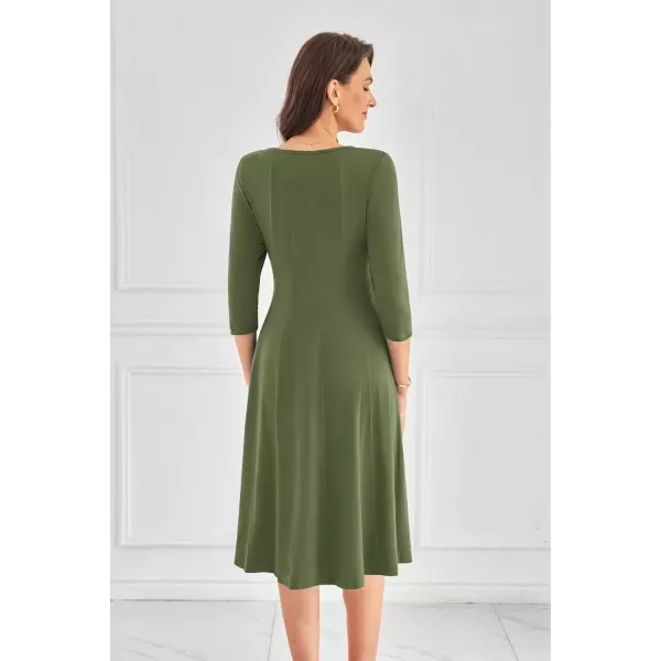 imageGRACE KARIN Womens 2024 Fall Trendy Crew Neck 34 Sleeve A Line Loose Casual Midi Dress with PocketsArmy Green