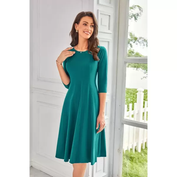 imageGRACE KARIN Womens 2024 Fall Trendy Crew Neck 34 Sleeve A Line Loose Casual Midi Dress with PocketsBlue Green