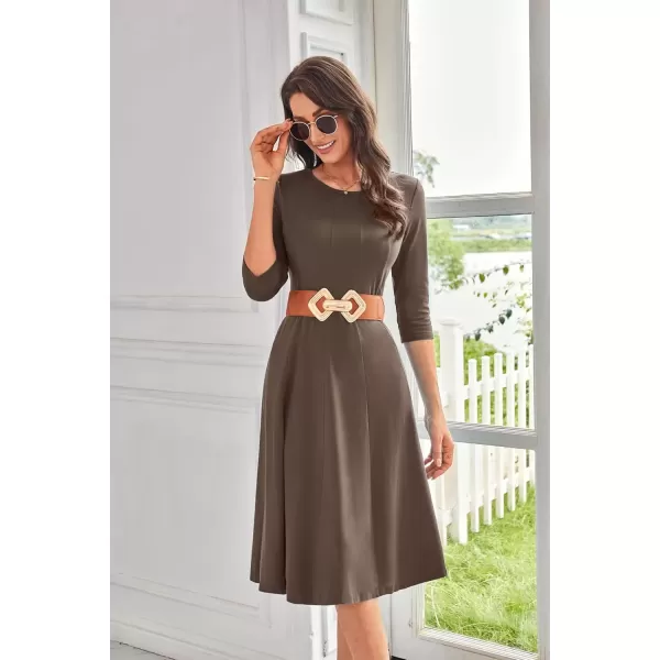 imageGRACE KARIN Womens 2024 Fall Trendy Crew Neck 34 Sleeve A Line Loose Casual Midi Dress with PocketsBrown