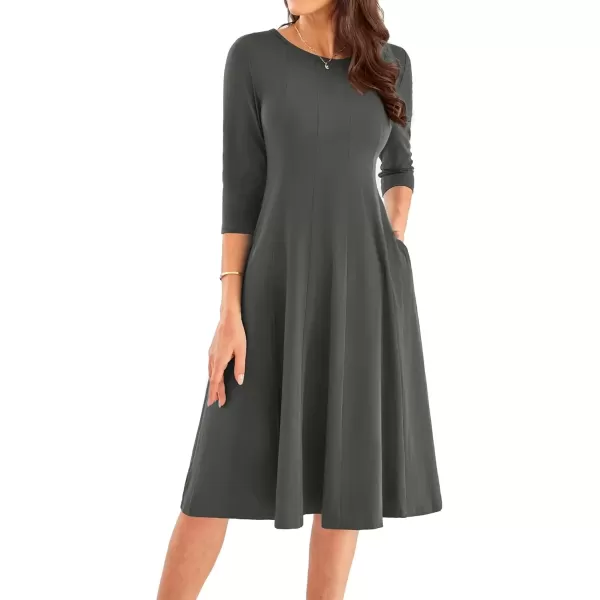 imageGRACE KARIN Womens 2024 Fall Trendy Crew Neck 34 Sleeve A Line Loose Casual Midi Dress with PocketsDark Grey