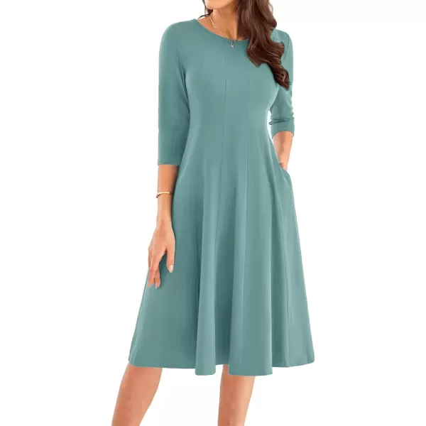 imageGRACE KARIN Womens 2024 Fall Trendy Crew Neck 34 Sleeve A Line Loose Casual Midi Dress with PocketsLake Blue