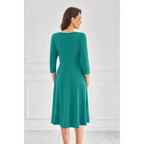 imageGRACE KARIN Womens 2024 Fall Trendy Crew Neck 34 Sleeve A Line Loose Casual Midi Dress with PocketsLake Green