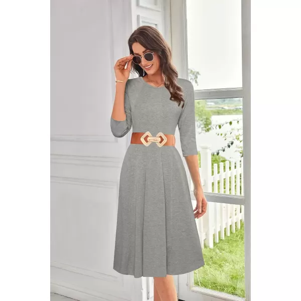 imageGRACE KARIN Womens 2024 Fall Trendy Crew Neck 34 Sleeve A Line Loose Casual Midi Dress with PocketsLight Grey