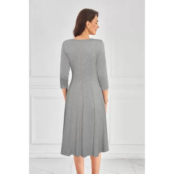 imageGRACE KARIN Womens 2024 Fall Trendy Crew Neck 34 Sleeve A Line Loose Casual Midi Dress with PocketsLight Grey