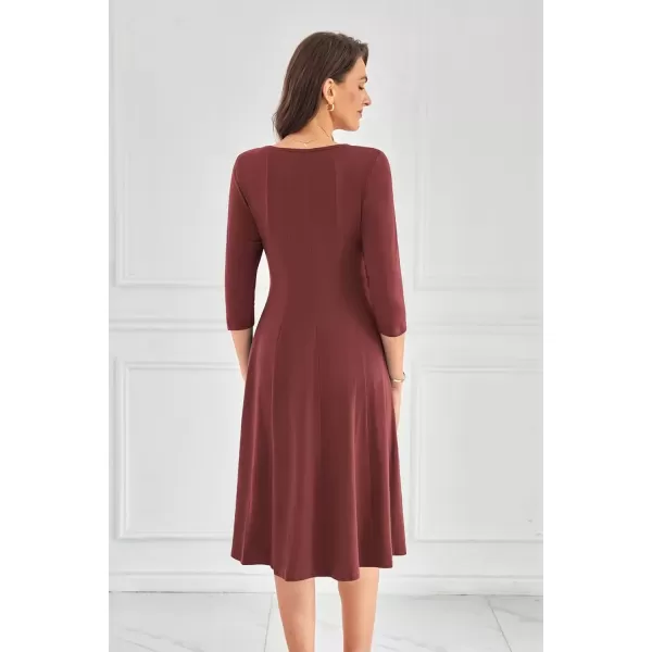 imageGRACE KARIN Womens 2024 Fall Trendy Crew Neck 34 Sleeve A Line Loose Casual Midi Dress with PocketsMaroon