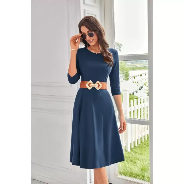 imageGRACE KARIN Womens 2024 Fall Trendy Crew Neck 34 Sleeve A Line Loose Casual Midi Dress with PocketsNavy Blue