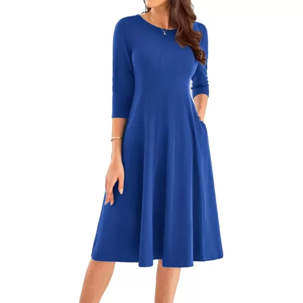 imageGRACE KARIN Womens 2024 Fall Trendy Crew Neck 34 Sleeve A Line Loose Casual Midi Dress with PocketsRoyal Blue