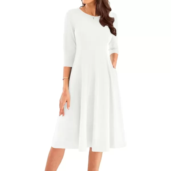 imageGRACE KARIN Womens 2024 Fall Trendy Crew Neck 34 Sleeve A Line Loose Casual Midi Dress with PocketsWhitewith Lined