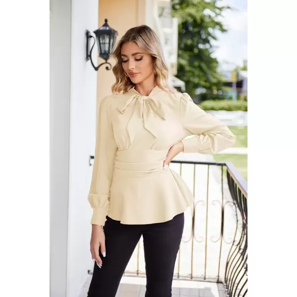 imageGRACE KARIN Womens 2024 Long Sleeve Peplum Dressy Shirt Office Bow Tie Work Blouses Tops Smocked WaistBeige