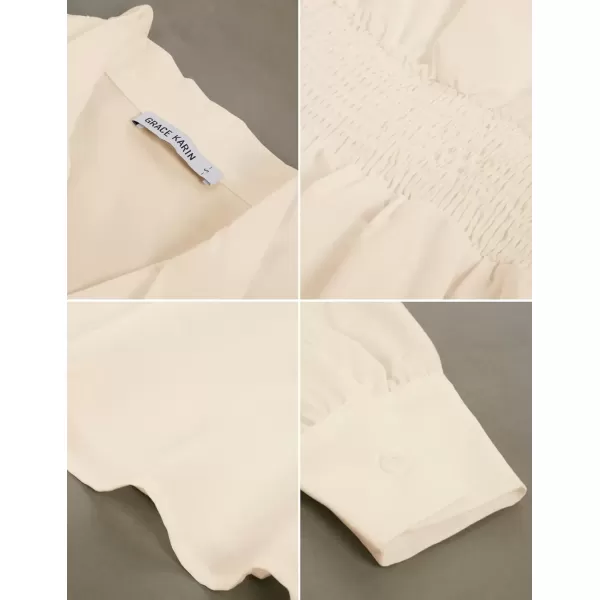 imageGRACE KARIN Womens 2024 Long Sleeve Peplum Dressy Shirt Office Bow Tie Work Blouses Tops Smocked WaistBeige