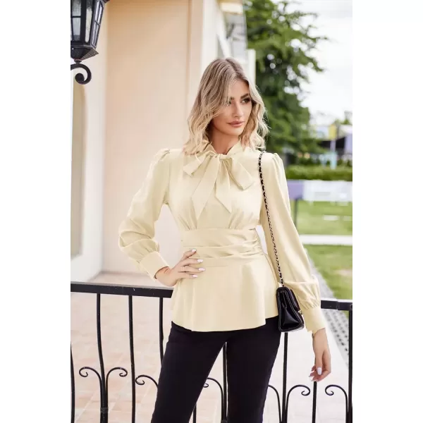 imageGRACE KARIN Womens 2024 Long Sleeve Peplum Dressy Shirt Office Bow Tie Work Blouses Tops Smocked WaistBeige