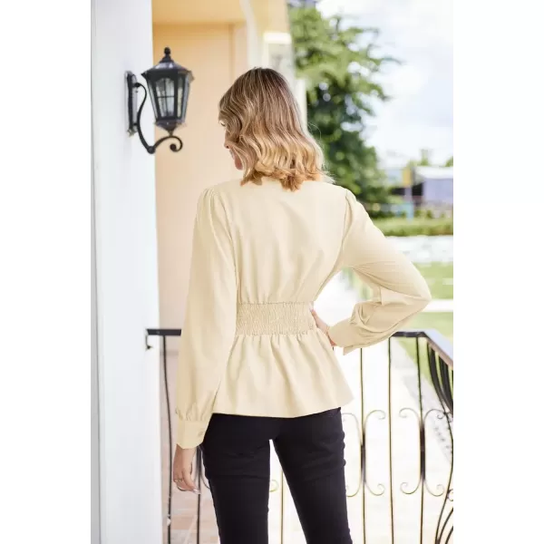 imageGRACE KARIN Womens 2024 Long Sleeve Peplum Dressy Shirt Office Bow Tie Work Blouses Tops Smocked WaistBeige
