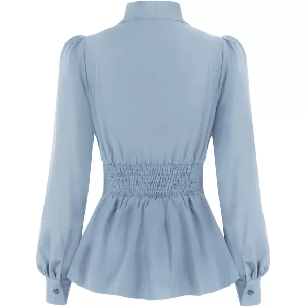 imageGRACE KARIN Womens 2024 Long Sleeve Peplum Dressy Shirt Office Bow Tie Work Blouses Tops Smocked WaistBlue