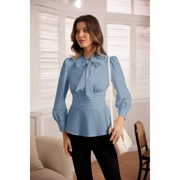 imageGRACE KARIN Womens 2024 Long Sleeve Peplum Dressy Shirt Office Bow Tie Work Blouses Tops Smocked WaistBlue