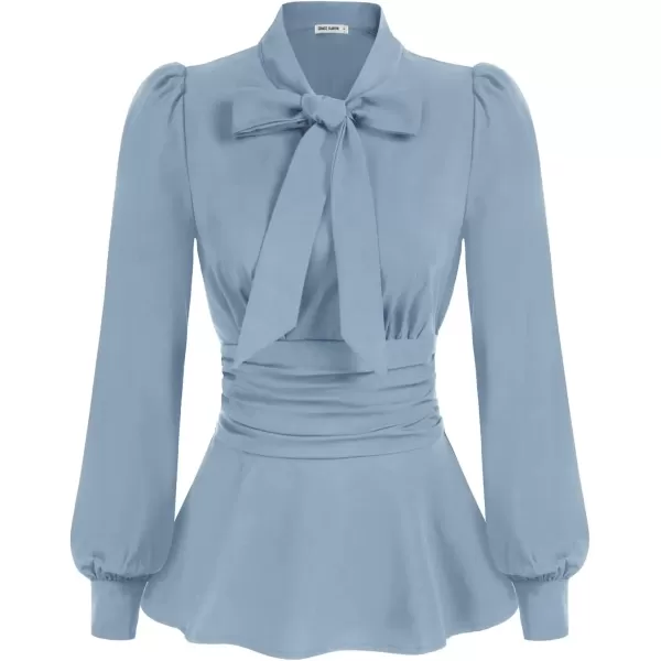 imageGRACE KARIN Womens 2024 Long Sleeve Peplum Dressy Shirt Office Bow Tie Work Blouses Tops Smocked WaistBlue