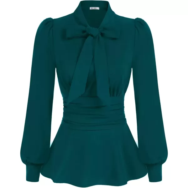 imageGRACE KARIN Womens 2024 Long Sleeve Peplum Dressy Shirt Office Bow Tie Work Blouses Tops Smocked WaistBluegreen