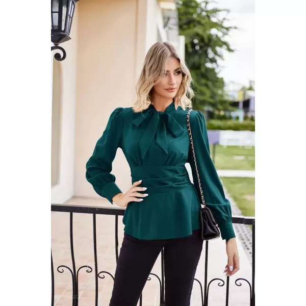 imageGRACE KARIN Womens 2024 Long Sleeve Peplum Dressy Shirt Office Bow Tie Work Blouses Tops Smocked WaistBluegreen