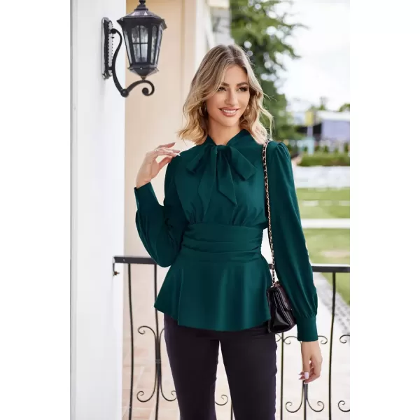 imageGRACE KARIN Womens 2024 Long Sleeve Peplum Dressy Shirt Office Bow Tie Work Blouses Tops Smocked WaistBluegreen