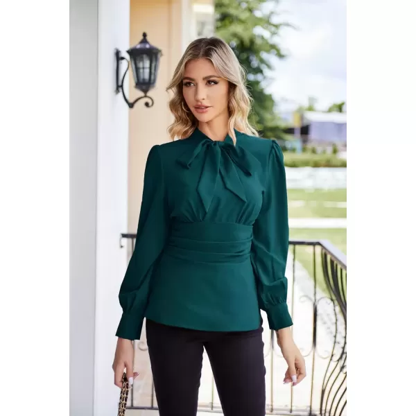 imageGRACE KARIN Womens 2024 Long Sleeve Peplum Dressy Shirt Office Bow Tie Work Blouses Tops Smocked WaistBluegreen