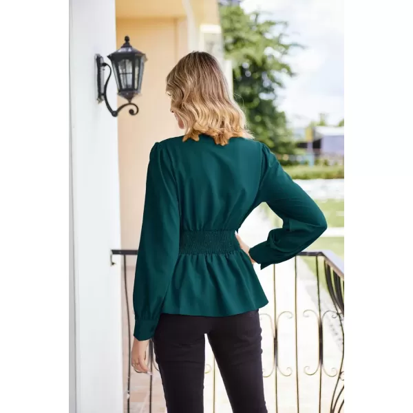 imageGRACE KARIN Womens 2024 Long Sleeve Peplum Dressy Shirt Office Bow Tie Work Blouses Tops Smocked WaistBluegreen
