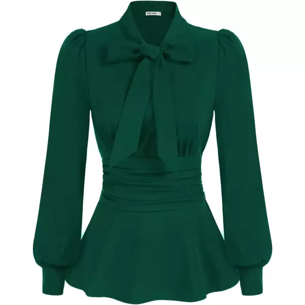 imageGRACE KARIN Womens 2024 Long Sleeve Peplum Dressy Shirt Office Bow Tie Work Blouses Tops Smocked WaistDark Green