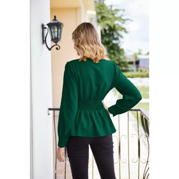 imageGRACE KARIN Womens 2024 Long Sleeve Peplum Dressy Shirt Office Bow Tie Work Blouses Tops Smocked WaistDark Green