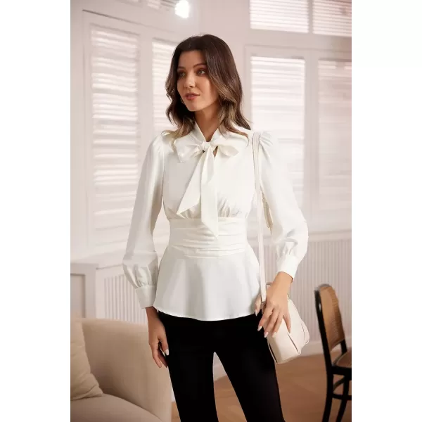 imageGRACE KARIN Womens 2024 Long Sleeve Peplum Dressy Shirt Office Bow Tie Work Blouses Tops Smocked WaistIvory