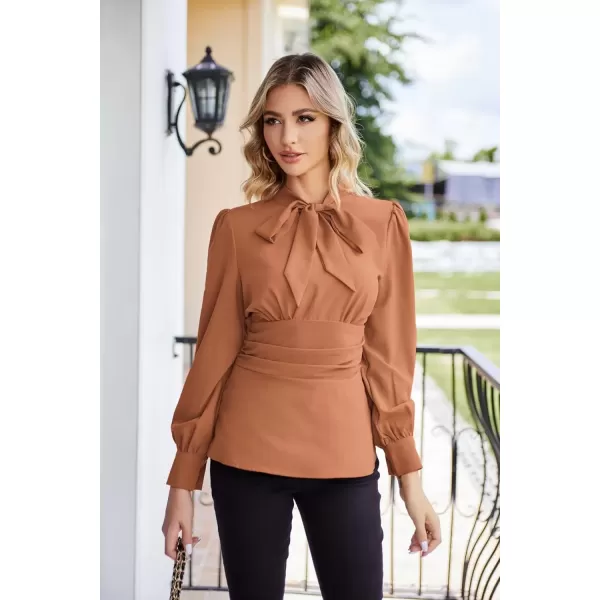 imageGRACE KARIN Womens 2024 Long Sleeve Peplum Dressy Shirt Office Bow Tie Work Blouses Tops Smocked WaistKhaki