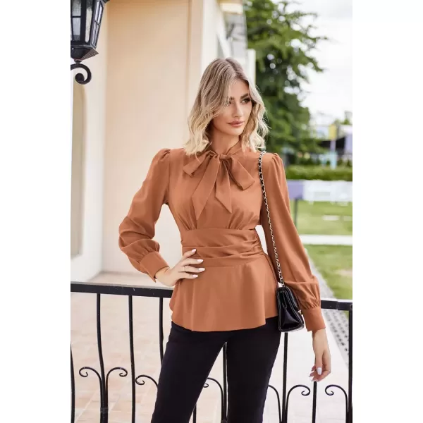 imageGRACE KARIN Womens 2024 Long Sleeve Peplum Dressy Shirt Office Bow Tie Work Blouses Tops Smocked WaistKhaki