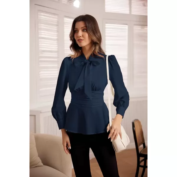 imageGRACE KARIN Womens 2024 Long Sleeve Peplum Dressy Shirt Office Bow Tie Work Blouses Tops Smocked WaistNavy Blue