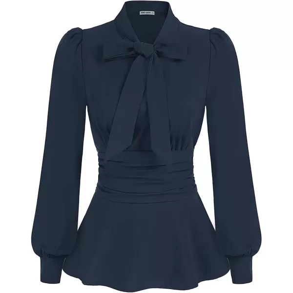 imageGRACE KARIN Womens 2024 Long Sleeve Peplum Dressy Shirt Office Bow Tie Work Blouses Tops Smocked WaistNavy Blue