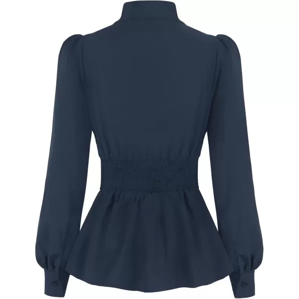 imageGRACE KARIN Womens 2024 Long Sleeve Peplum Dressy Shirt Office Bow Tie Work Blouses Tops Smocked WaistNavy Blue