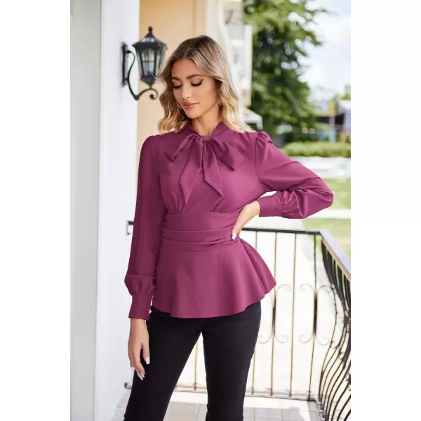 imageGRACE KARIN Womens 2024 Long Sleeve Peplum Dressy Shirt Office Bow Tie Work Blouses Tops Smocked WaistPurple Red