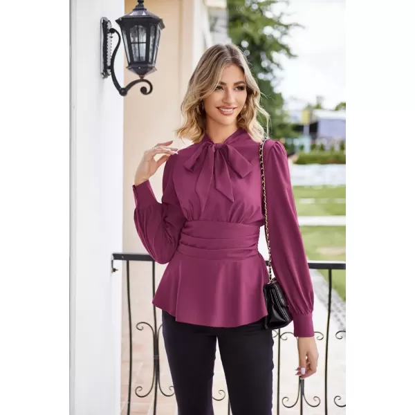 imageGRACE KARIN Womens 2024 Long Sleeve Peplum Dressy Shirt Office Bow Tie Work Blouses Tops Smocked WaistPurple Red