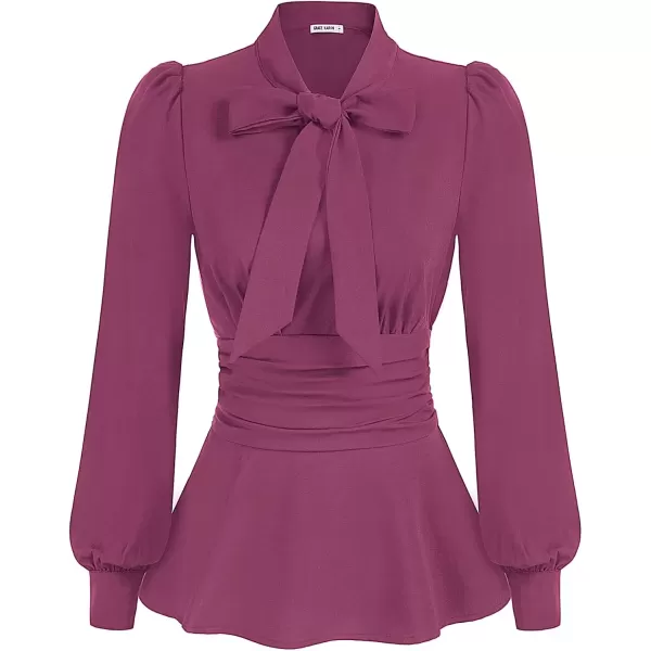 imageGRACE KARIN Womens 2024 Long Sleeve Peplum Dressy Shirt Office Bow Tie Work Blouses Tops Smocked WaistPurple Red