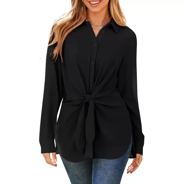 imageGRACE KARIN Womens Button Down Shirts 2024 Long Sleeve Belted Slit Dress Shirt Casual Work Office Blouse TopsBlack