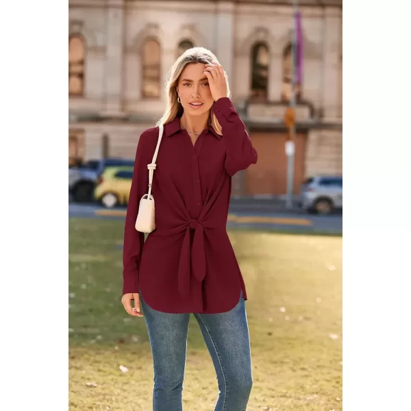 imageGRACE KARIN Womens Button Down Shirts 2024 Long Sleeve Belted Slit Dress Shirt Casual Work Office Blouse TopsDark Wine