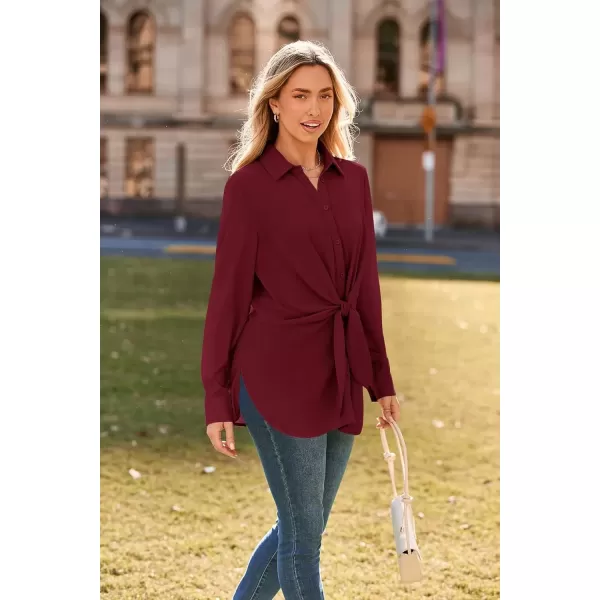 imageGRACE KARIN Womens Button Down Shirts 2024 Long Sleeve Belted Slit Dress Shirt Casual Work Office Blouse TopsDark Wine