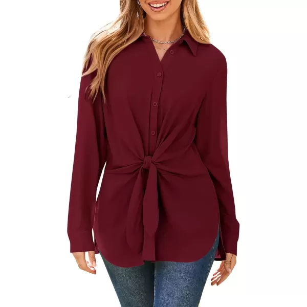 imageGRACE KARIN Womens Button Down Shirts 2024 Long Sleeve Belted Slit Dress Shirt Casual Work Office Blouse TopsDark Wine