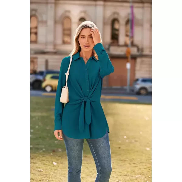 imageGRACE KARIN Womens Button Down Shirts 2024 Long Sleeve Belted Slit Dress Shirt Casual Work Office Blouse TopsPeacock Blue