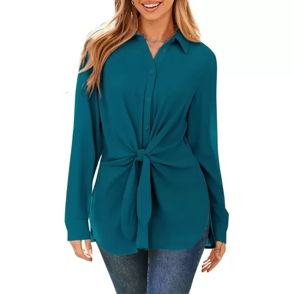 imageGRACE KARIN Womens Button Down Shirts 2024 Long Sleeve Belted Slit Dress Shirt Casual Work Office Blouse TopsPeacock Blue