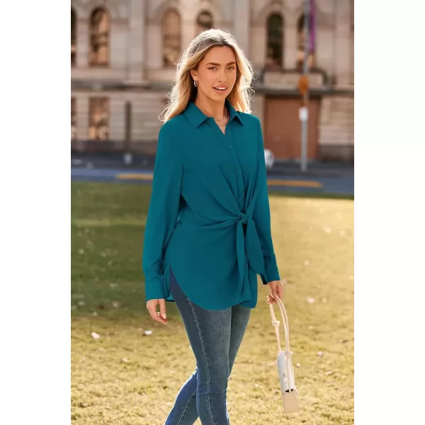 imageGRACE KARIN Womens Button Down Shirts 2024 Long Sleeve Belted Slit Dress Shirt Casual Work Office Blouse TopsPeacock Blue