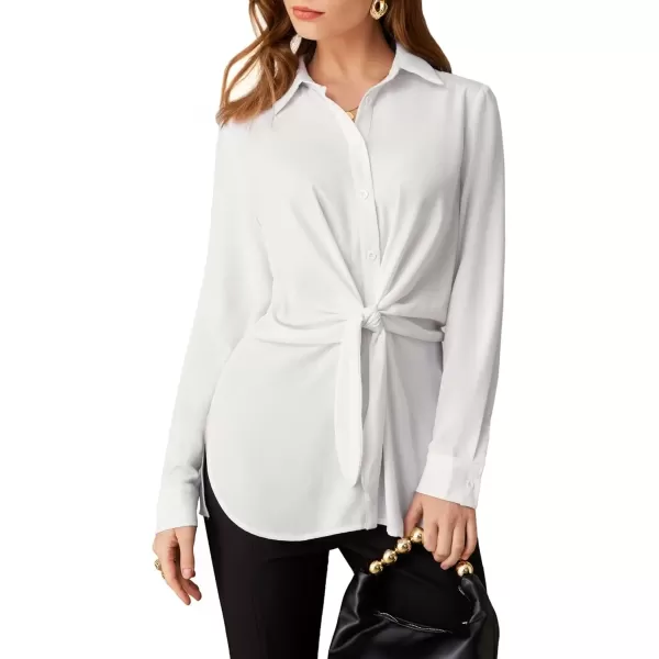 imageGRACE KARIN Womens Button Down Shirts 2024 Long Sleeve Belted Slit Dress Shirt Casual Work Office Blouse TopsWhite