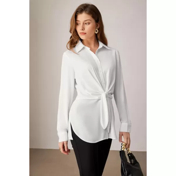 imageGRACE KARIN Womens Button Down Shirts 2024 Long Sleeve Belted Slit Dress Shirt Casual Work Office Blouse TopsWhite